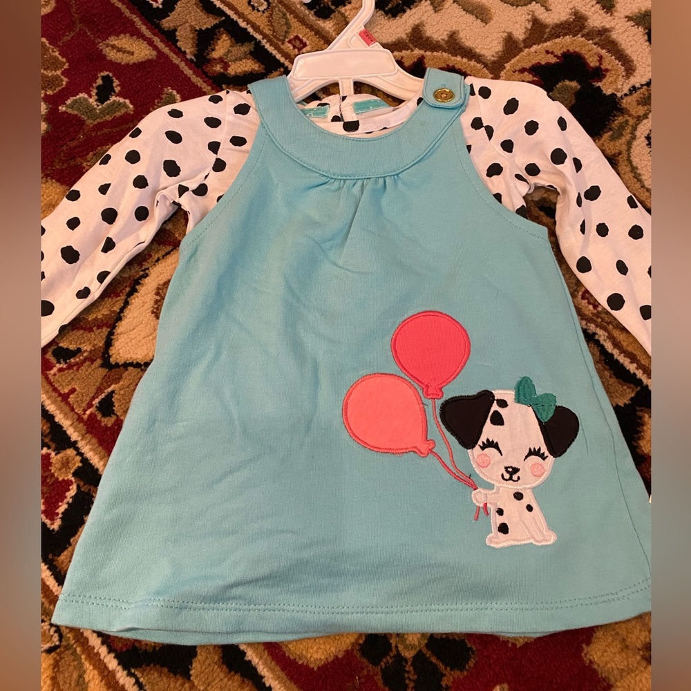 12M Blue Dress with Polka Dot Sleeves and Dog Design
